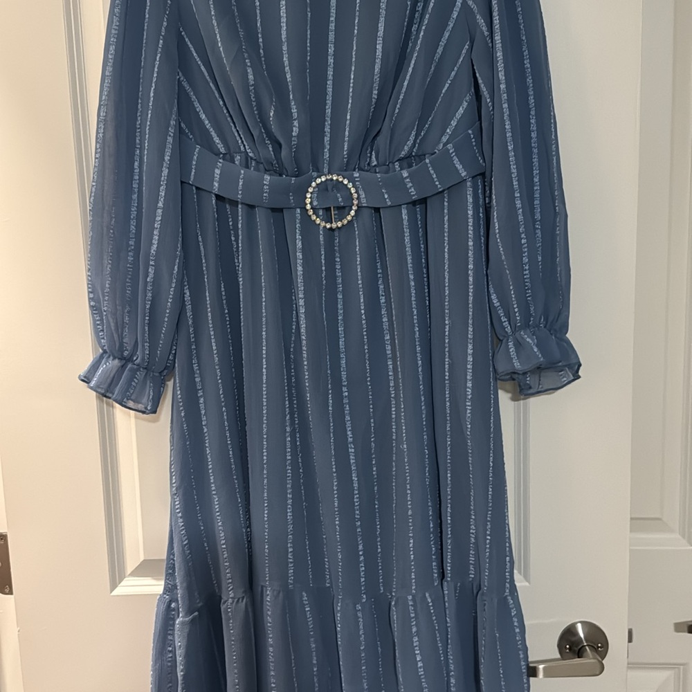 Elegant Blue Striped Dress with Belt